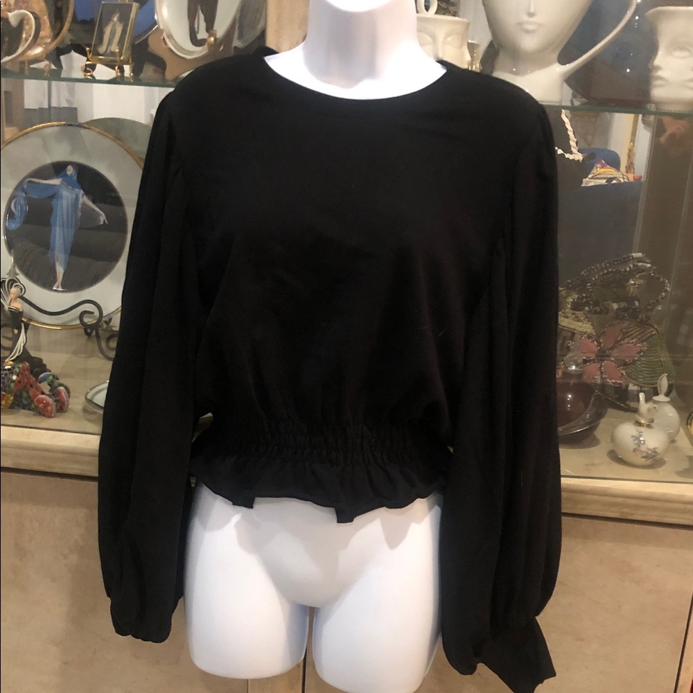 Zara Black Long Sleeve cotton top. 12” wide arms gathered stretch waist